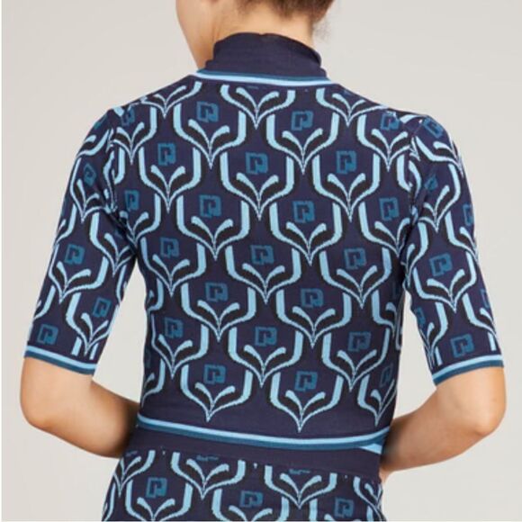 New PACO RABANNE Cropped Turtleneck Knit Top in Blue Jacquard Logo Large - Picture 8 of 16